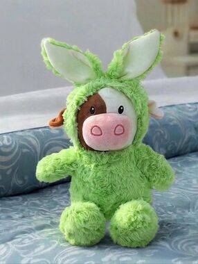 Longhorn Cow Plush in Bunny Hoodie, Green